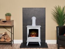 WHITE ELECTRIC STOVE LOG FIRE SLATE EFFECT FREESTANDING WITH BACK PANELS HEARTH