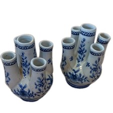 A Pair Of Hand Painted Late 19th C / Early 20th C Delft Flower / Tulip Vases