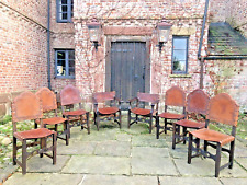 Set 8 Antique Tan Leather Cromwellian Studded Elbow Carver Diner Dining Chairs