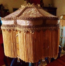 Rene, Victorian Downton glass beaded lampshade.Pale gold chenille brocade 14"