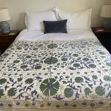 Silk Embroidered suzani - pale metallic blue and soft sage green 150x200cm