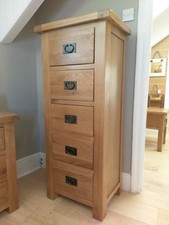 LARGE OAK 5 DRAWER CHEST - TALL NARROW DRAWERS - TALLBOY WELLINGTON - SOLID WOOD