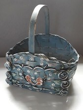 Vintage Hand Painted Blue Roses Wicker Easter Basket folk shabby chic