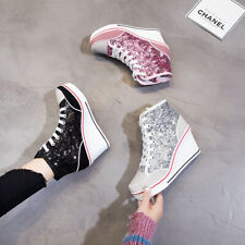Sequins Wedge Heel Suede Sneakers Height Increasing Shiny Walking Women Shoes 43