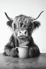 HIGHLAND COW DRINKING COFFEE  FUNNY KITCHEN ART FRAMED WALL ART PICTURE POSTER