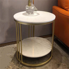 Beautiful Gold Round Marble Side Table Sofa End Table with 2 Tier Storage Shelf 