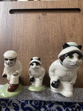 Vintage Quail Pottery Crown Green Bowling Cats Salt & Pepper &  Lady Cat Bowling
