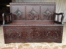 Carved Brazilian mahogany panelled box settle circa 1920 (ref 627) 
