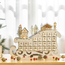 Christmas Advent Calendar, Light Up Wooden Sleigh w/ Countdown Drawer, Village