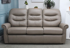G PLAN HOLMES STATIC 3 SEATER SOFA IN CAPRI MUSHROOM LEATHER. RRP £1699.