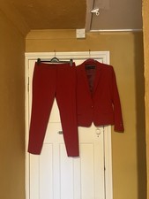 Zara Red Suit Slim Fit Single Breasted Jacket Blazer Cropped Trousers Uk 8-10