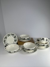 Wedgwood - Napoleon Ivy - Grey - 5x Soup Bowls / Cups & Saucers - Double Handled