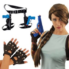 LADIES TEMPLE HUNTER SET BROWN WIG BIKER GLOVES & GUN HOLSTERS FILM FANCY DRESS