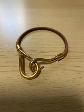 Hermes Vintage Leather & Gold-Tone Hook Bracelet Brown Used