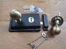 vintage retro BRASS door rim knob handle & steel Black rim  lock set old rustic