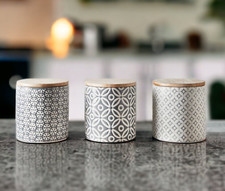 Set Of 3 Ceramic Tea Coffee Sugar Canisters Jars Geo Embossed Storage Jars Pots