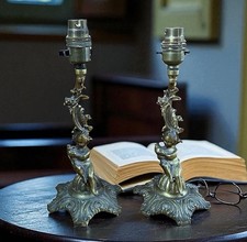 Pair Of Mid Century C1950’s Brass Rococo Cherub Putti Lamps