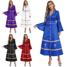 Women Satiny Clergy Robe Flared Sleeves Minister Choir Maxi Dress Church Pastor