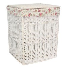 Square White Wash Wicker Laundry Basket Rose Lining