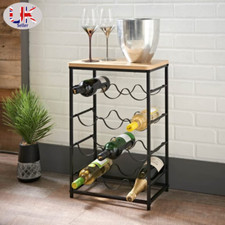 Wine Rack Free Standing Wooden Table Top Black Metal Legs 12 Bottle Holder Racks