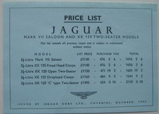 Jaguar Original UK Price List 1953 October Mk VII & XK 120