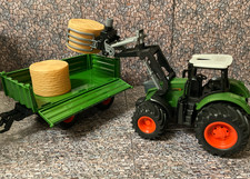 Large Realistic Tractor With Bale Loader & 4 Wheeled Tipping Dropeside Trailer