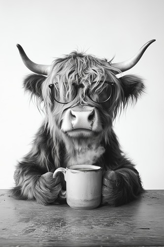 Highland cow drinking - highland, coffee