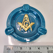 Vintage Masonic Freemason Ceramic Ashtray Blue/Gold glazed signed 1969 MP