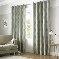 Simone Duck Egg Blue Eyelet Curtains 90x54" Lined Leaf Print Taffeta Textured