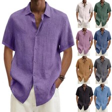 Mens Short Sleeve Linen Shirt Casual Baggy Button-up Hawaiian Holiday Plain Tops