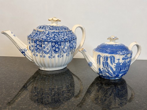 Spode blue white teapots pair - blue,