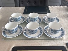 vintage royal tuscan charade blue & white tea cups & saucers x6 used