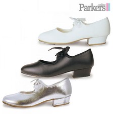 ROCH VALLEY TAP SHOES GIRLS LOW HEEL SILVER WHITE BLACK PU DANCE  5C - 8A LHP