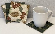 Fall Leaf Check Reversible Drink Coaster Beige Green Brown Set of 4