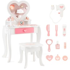 2-in-1 Kids Vanity Set Pretend Makeup Table & Chair Set w/ Heart-shaped Mirror