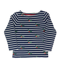 Boden Girls Christmas Holly Breton Top Navy Cotton Stripe 2-14yrs NEW