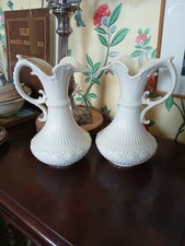 pair glazed white antique Belleek Irish black stamp Victorian china ewer jug