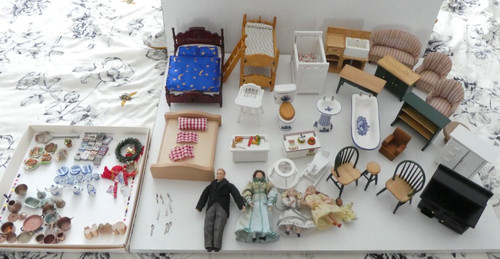 Dolls house furniture - furniture,, figures