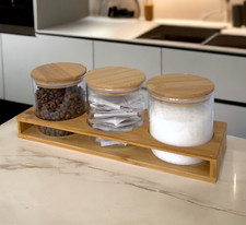 Set Of 3 Glass Tea Coffee Sugar Jars Canisters with Bamboo Stand Kitchen Storage