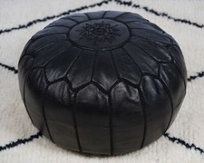 PREFILLED Black Pouf Leather Ottoman Footstool Boho Moroccan Pouffe Handmade