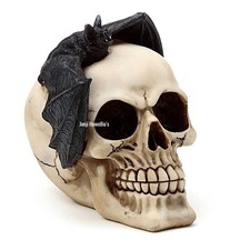 Skull Head With Bat Gothic Ornament Figurine Sculpture Pagan Wiccan Home Decor