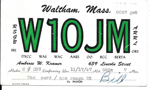 Qsl 1947 waltham - 1947, radio