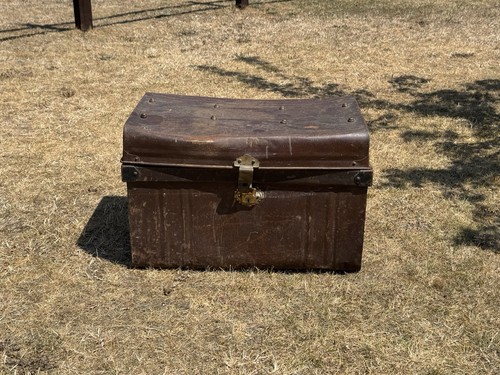 Vintage metal steamer trunk - steamer,