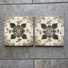 2 Vintage Ceramic Tiles Floral Blue Flower Decorative 6” x 6”