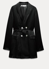 Zara black satin oversized blazer long jacket S 10 button tie Christmas party