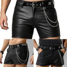 Mens Punk Style Casual Shorts Imitation Leather Black with Pockets Hot Pants