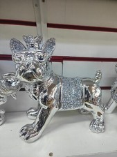 SILVER BLING CRUSHED DIAMOND CRYSTAL CERAMIC BULLDOG SHELF SITTER 18cm Height