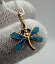 Vintage USSR 14K 583 Gold Dragonfly Pendant Blue Enamel Soviet Jewelry - 1.46g