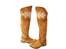 Boho Over The Knee Leather Boots 37 UK 4, Embroidered Hippie Festival Boots,
