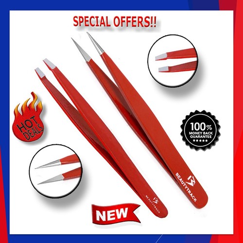 Red slanted pointed tweezers - slanted,